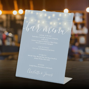 String Lights Dusty Blue Wedding Bar Menu Pedestal Sign