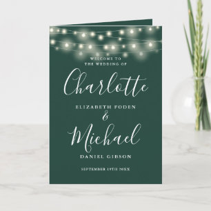 String Lights Emerald Green Elegant Script Wedding Program