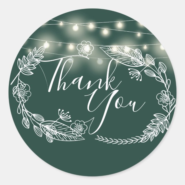 String Lights Emerald Green Floral Thank You Classic Round Sticker (Front)