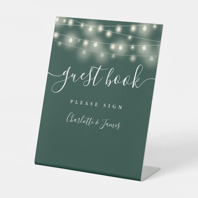 String Lights Emerald Green Script Guest Book Pedestal Sign (Front)