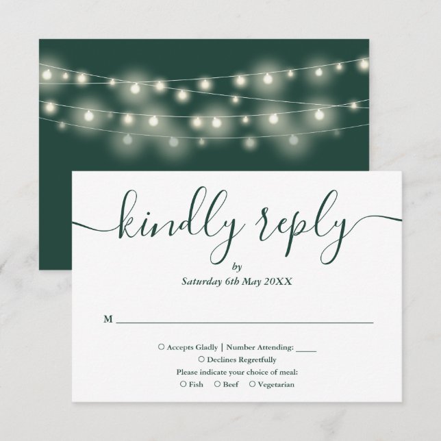 String Lights Emerald Green Script Meal Choice RSVP Card (Front/Back)