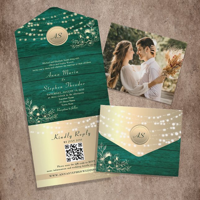 String Lights Emerald Green Wedding QR Code All In One Invitation (Creator Uploaded)