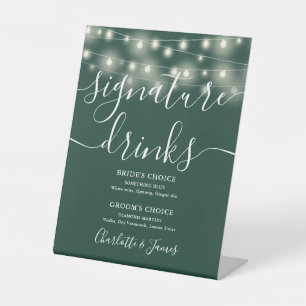 String Lights Emerald Wedding Signature Drinks Pedestal Sign