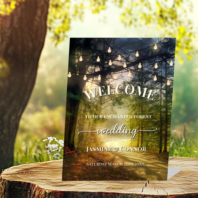 String Lights Enchanted Forest Wedding Welcome Pedestal Sign (Wedding welcome sign featuring a path in an enchanted forest with festive string lights.)