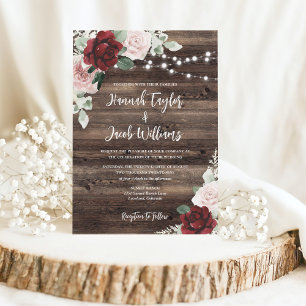String Lights Eucalyptus & Burgundy Rustic Wedding Invitation