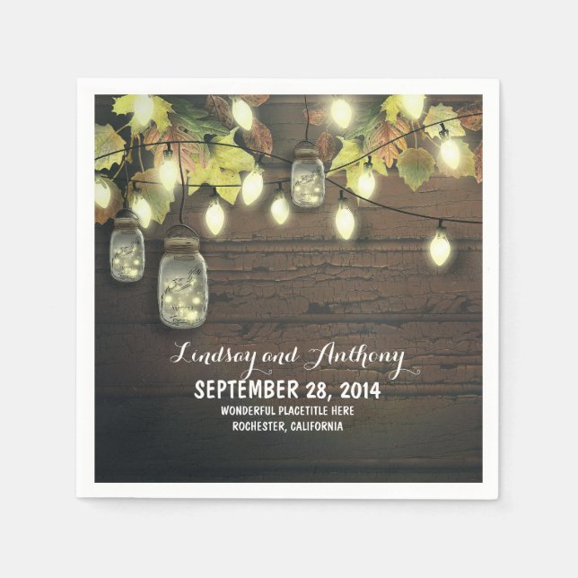 String lights fall mason jars rustic wedding napkin (Front)
