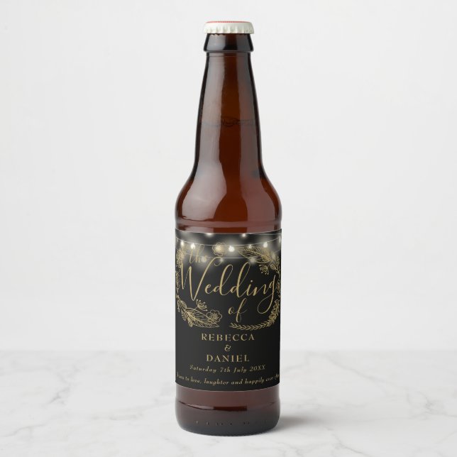 String Lights Floral Black And Gold Wedding Beer Bottle Label (Front)