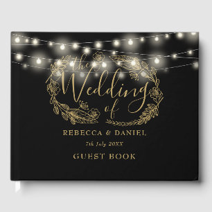 String Lights Floral Black And Gold Wedding Guest Book