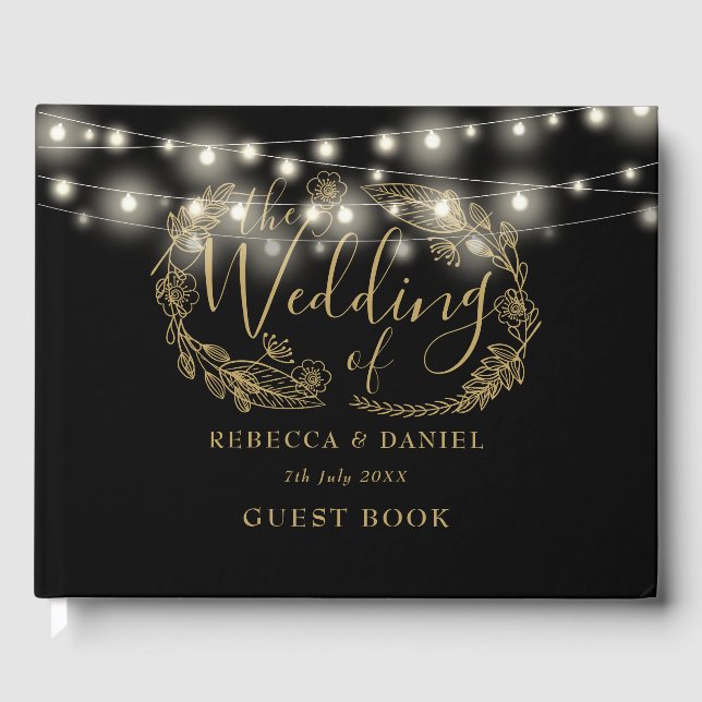 String Lights Floral Black And Gold Wedding Guest Book (Front)