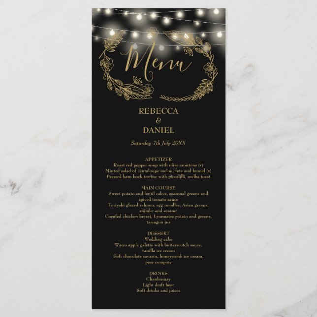 String Lights Floral Black And Gold Wedding Menu (Front)
