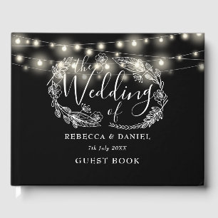 String Lights Floral Black And White Wedding Guest Book