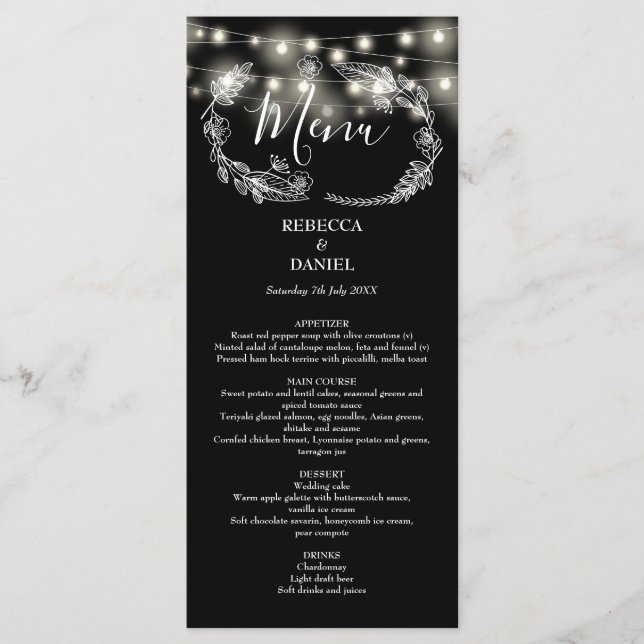 String Lights Floral Black And White Wedding Menu (Front)