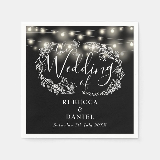 String Lights Floral Black And White Wedding Napkin (Front)