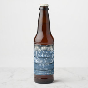 String Lights Floral Blue Rustic Wood Wedding Beer Bottle Label