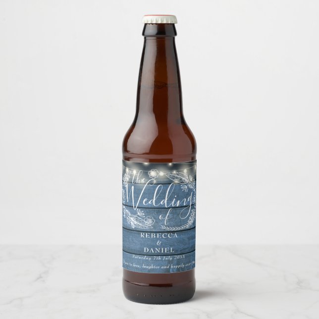 String Lights Floral Blue Rustic Wood Wedding Beer Bottle Label (Front)