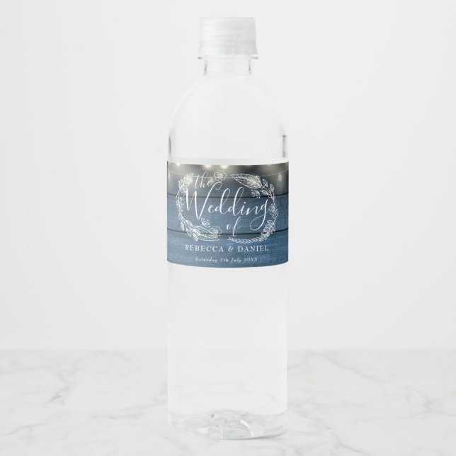 String Lights Floral Blue Rustic Wood Wedding Water Bottle Label (Front)