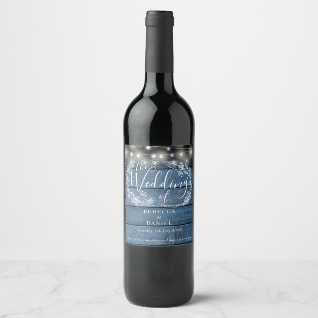 String Lights Floral Blue Rustic Wood Wedding Wine Label (Front)