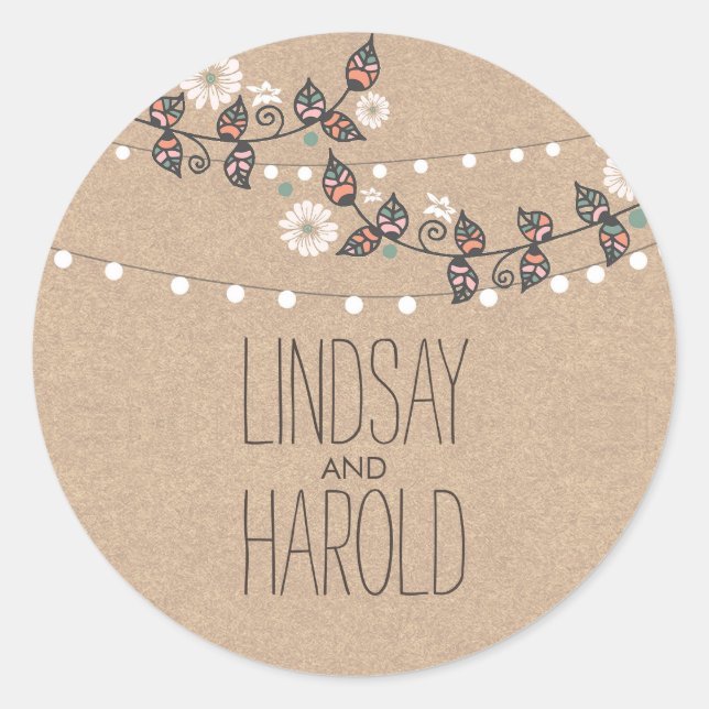 string lights floral branches rustic wedding classic round sticker (Front)