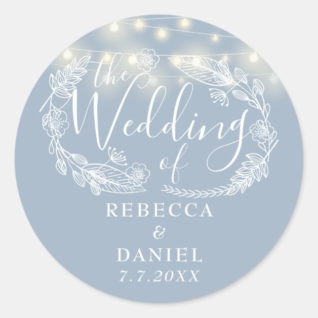 String Lights Floral Dusty Blue Wedding Classic Round Sticker (Front)