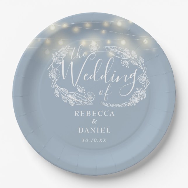 String Lights Floral Dusty Blue Wedding Paper Plate (Front)