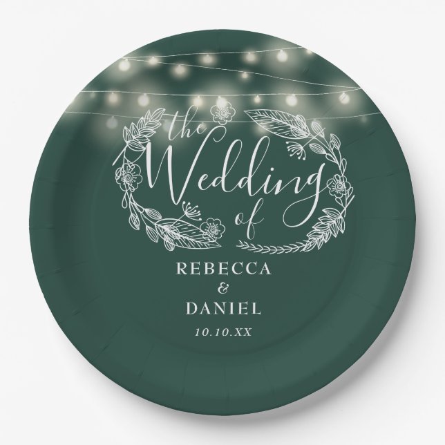 String Lights Floral Emerald Green Wedding Paper Plate (Front)