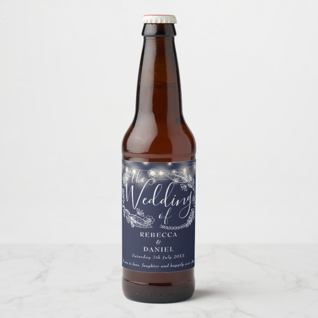 String Lights Floral Navy Blue Wedding Beer Bottle Label (Front)