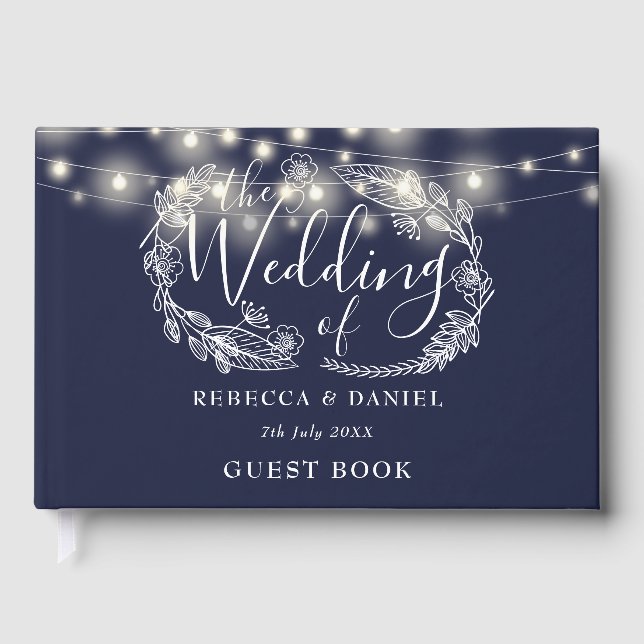 String Lights Floral Navy Blue Wedding Guest Book (Front)