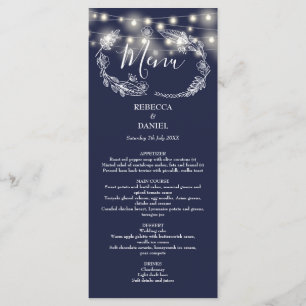 String Lights Floral Navy Blue Wedding Menu