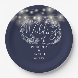 String Lights Floral Navy Blue Wedding Paper Plate