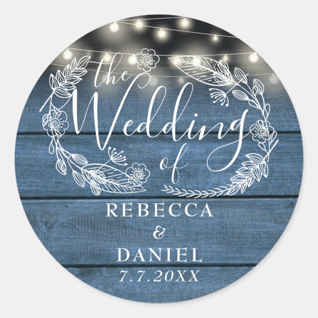 String Lights Floral Rustic Blue Wood Wedding Classic Round Sticker (Front)