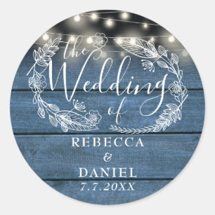 String Lights Floral Rustic Blue Wood Wedding Classic Round Sticker