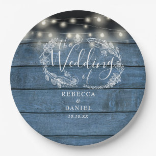String Lights Floral Rustic Blue Wood Wedding Paper Plate