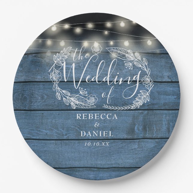 String Lights Floral Rustic Blue Wood Wedding Paper Plate (Front)