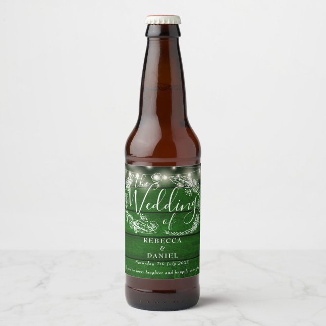 String Lights Floral Rustic Emerald Green Wedding Beer Bottle Label (Front)