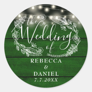 String Lights Floral Rustic Emerald Green Wedding Classic Round Sticker