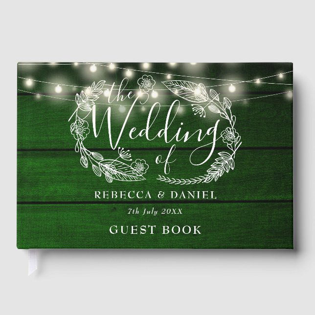 String Lights Floral Rustic Green Wood Wedding Guest Book (Front)