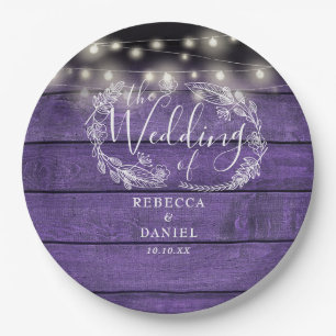 String Lights Floral Rustic Purple Wood Wedding Paper Plate