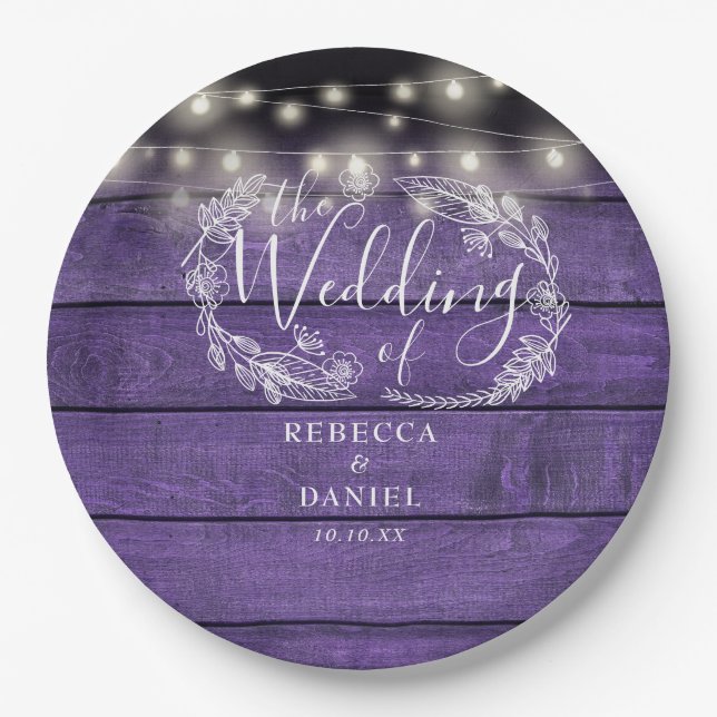 String Lights Floral Rustic Purple Wood Wedding Paper Plate (Front)