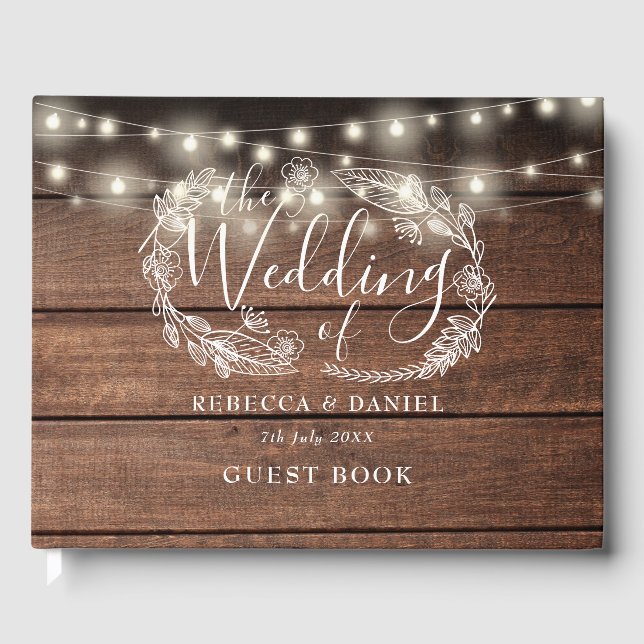 String Lights Floral Rustic Wood Wedding Guest Book (Front)