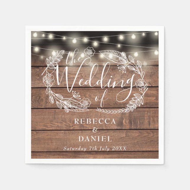 String Lights Floral Rustic Wood Wedding Napkin (Front)