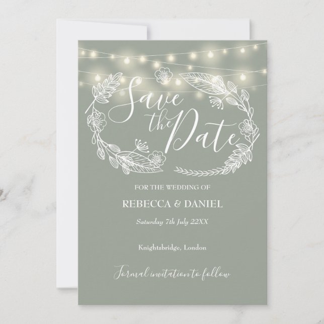 String Lights Floral Sage Green Wedding Save The Date (Front)