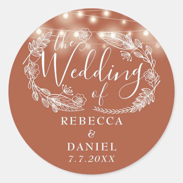 String Lights Floral Terracotta Wedding Classic Round Sticker (Front)