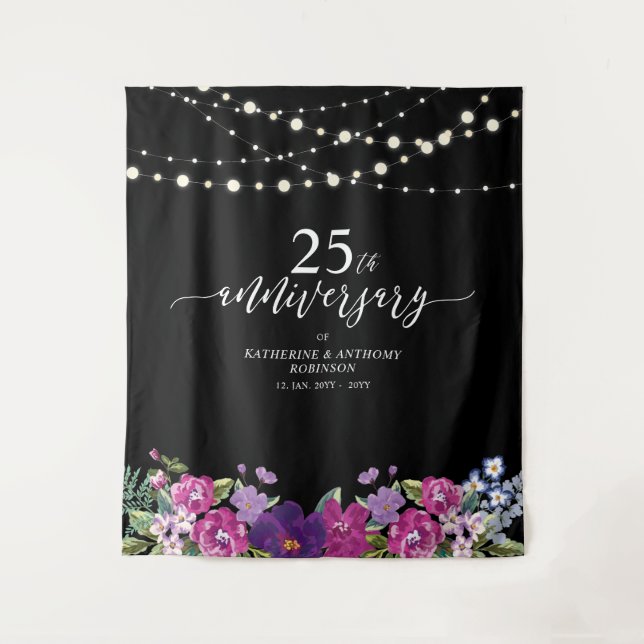 String Lights & Flowers 25th Wedding Anniversary Tapestry (Front)