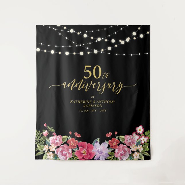 String Lights & Flowers 50th Wedding Anniversary Tapestry (Front)