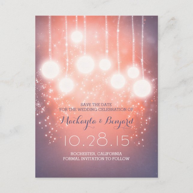 string lights glitter lanterns pink save the date announcement postcard (Front)
