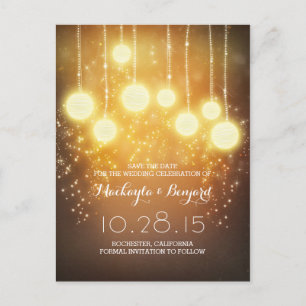 string lights glitter & lanterns save the date announcement postcard