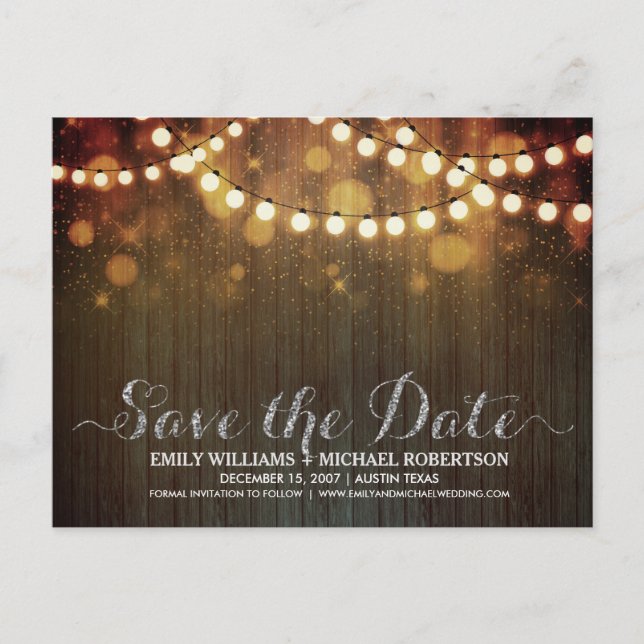 String lights gold bokeh save the date announcement postcard (Front)