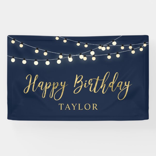 String Lights | Gold Happy Birthday Party Banner (Horizontal)