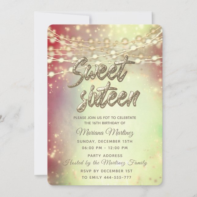 String lights gold sparkle blushed invitation (Front)
