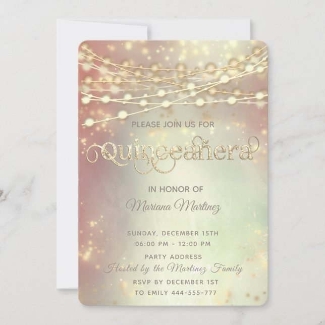 String lights gold sparkle blushed invitation (Front)